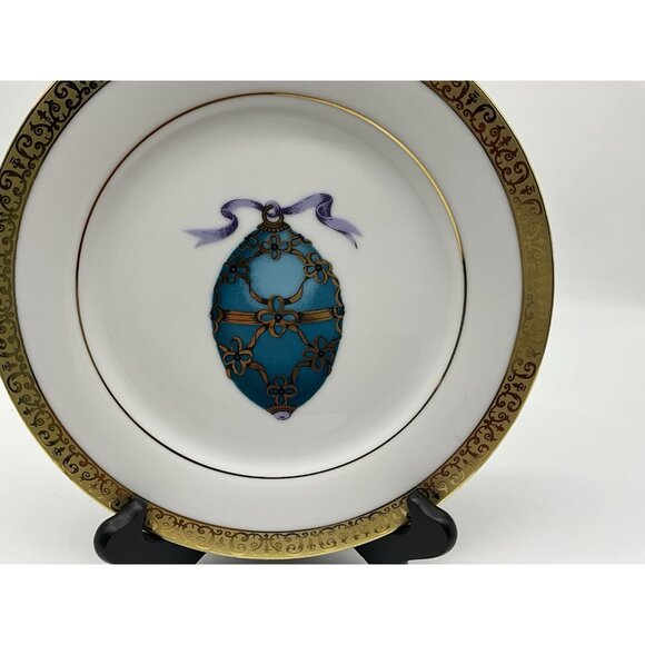 Gold Buffet Royal Gallery Teal Blue Faberge Egg Dessert Plate and Coffee Cup VTG - Picture 8 of 16